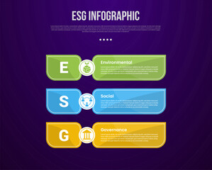 ESG infographic template with big sharp rectangle container vertical stack with dark background style with 3 point for slide presentation