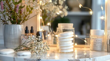 Reusable organic cotton makeup remover pads, in glass jar on vanity, more clarity with clear light and sharp focus , high detailed ,