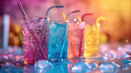 Reusable metal straws with cleaning brush, in colorful drink display, more clarity with clear light and sharp focus , high detailed ,