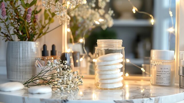 Reusable organic cotton makeup remover pads, in glass jar on vanity, more clarity with clear light and sharp focus , high detailed ,