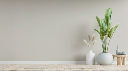 Zen interiors design composition with minimal furniture and ornaments. Residential property interiors with natural lighting and copyspace.