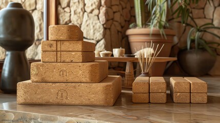 Sustainable cork yoga block set, arranged in minimalist studio, more clarity with clear light and sharp focus , high detailed ,