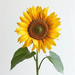 Obraz premium A single sunflower with bright yellow petals and a brown center, isolated on a white background.