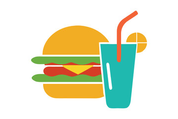 Burger and Juice Vector Logo Icon Flat Color Illustration on White Background.Perfect for fast food and restaurant branding.