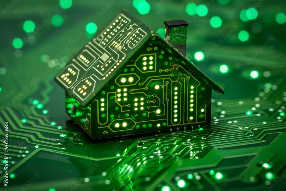 Poster green house with digital elements representing the fusion of home and technology in a high tech envi
