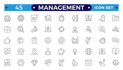 Outline icons related to management, administration, supervision, leadership, business, and governance. Linear icon collection. Management icon collection. Editable stroke outline icon.