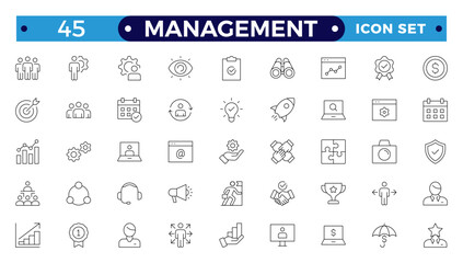 Outline icons related to management, administration, supervision, leadership, business, and governance. Linear icon collection. Management icon collection. Editable stroke outline icon.