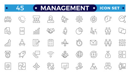 Outline icons related to management, administration, supervision, leadership, business, and governance. Linear icon collection. Management icon collection. Editable stroke outline icon.