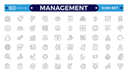 Outline icons related to management, administration, supervision, leadership, business, and governance. Linear icon collection. Management icon collection. Editable stroke outline icon.