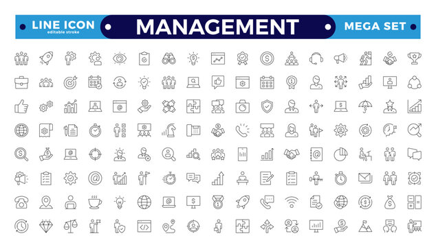 Outline icons related to management, administration, supervision, leadership, business, and governance. Linear icon collection. Management icon collection. Editable stroke outline icon.
