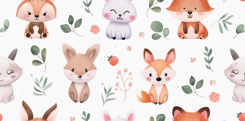 Cute animals and whimsical creatures in a seamless cartoon pattern, rendered in watercolor style