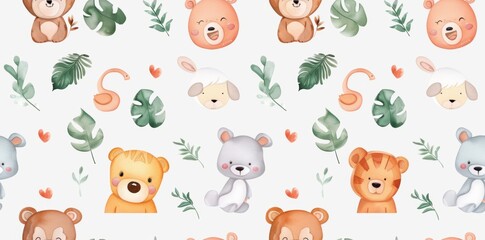 Cute animals and whimsical creatures in a seamless cartoon pattern, rendered in watercolor style