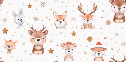 Fototapeta premium Cute animals and whimsical creatures in a seamless cartoon pattern, rendered in watercolor style