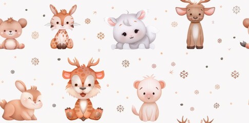 Obraz premium Cute animals and whimsical creatures in a seamless cartoon pattern, rendered in watercolor style