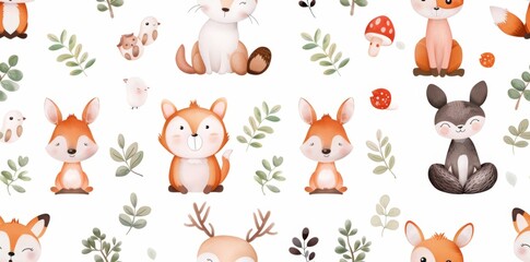 Fototapeta premium Cute animals and whimsical creatures in a seamless cartoon pattern, rendered in watercolor style