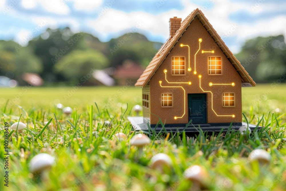 Poster miniature house on a green circuit board symbolizing the integration of home and technology in a vib