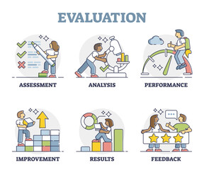 Evaluation, business assessment, analysis, improvement or results outline set, transparent background. Company performance feedback for sales development and service quality.