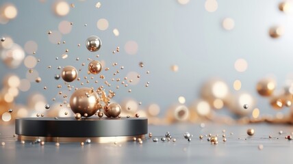 3D podium in gold with a black stage and abstract gold elements, ideal for premium product showcases and ceremonies.