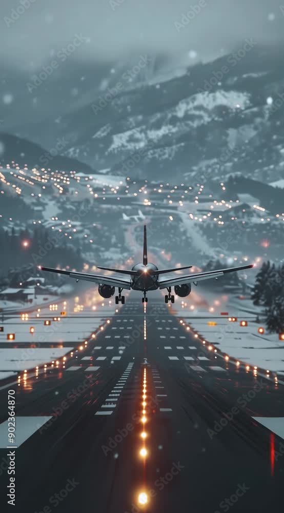 Poster a plane is flying over a snowy mountain range. the scene is lit up by the lights on the runway, crea