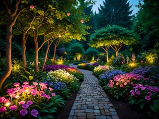 Fototapeta premium A beautiful garden filled with colorful blooming flowers, surrounded by lush greenery and trees, volumetric 