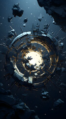 Fototapeta premium Digital technology sci-fi universe mechanical planet poster background with generative