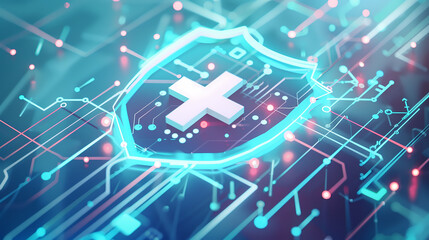 Digital Health Shield with Glowing Cross Symbol, ideal for cybersecurity themes, medical technology designs, and secure data concepts
