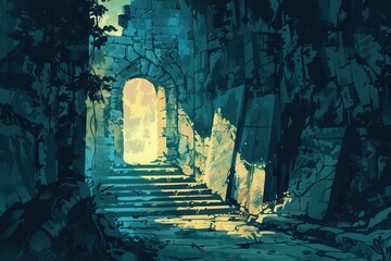 Mysterious overgrown temple entrance bathed in soft light