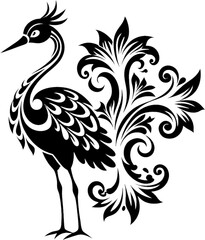 Fototapeta premium Elegant Crane Silhouette in Damask Swirl Stencil. 
