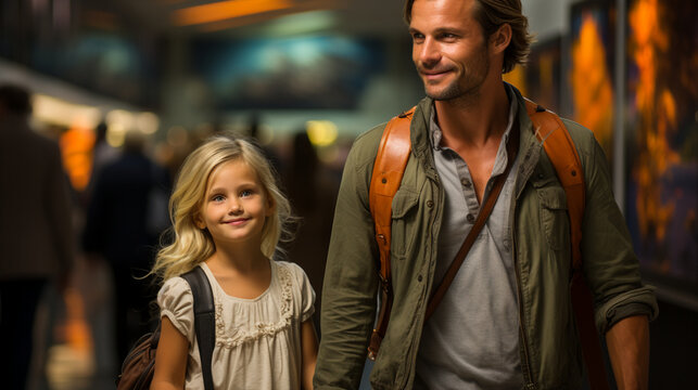 Tourist family walking through passageway in airport, photography. - Powered by Adobe