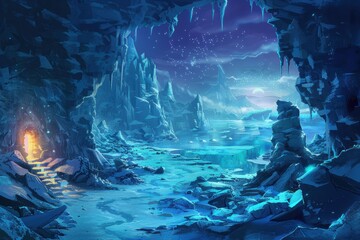 Glowing mushrooms light up an icy cavern revealing a frozen lake and distant mountains