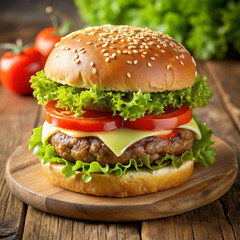  Burger with beef, lettuce, tomato, cheese, cucumber wih beautiful background