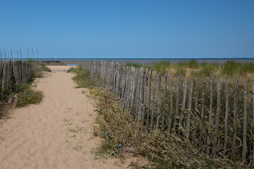 Beach pathway access on sand fence access sea in ocean atlantic in France