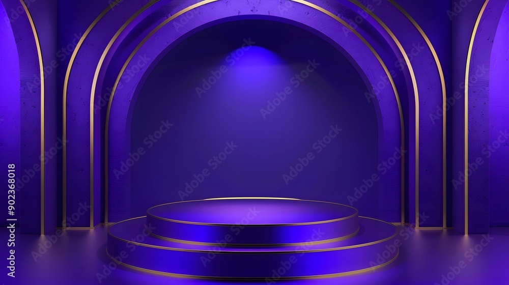 Poster abstract realistic 3d blue cylinder pedestal podium with dark blue abstract room with semi circle gl