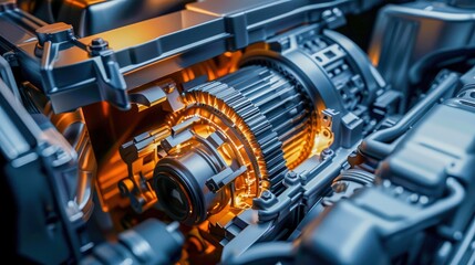 Fototapeta premium Close-up of a car transmission system, highlighting the gears and mechanical components, emphasizing automotive technology
