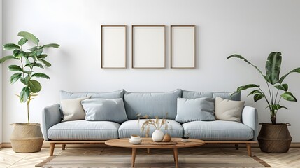 Modern minimalist cozy healing living room blank frame mockup natural white, comfort and healthy living. Generative AI
