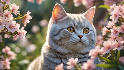 Closeup of a Gray Cat Surrounded by Pink Flowers.