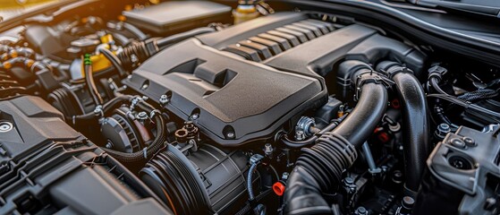 Fototapeta premium Engine bay of a modern car, showing the detailed and intricate parts of the engine and transmission system, with an industrial focus