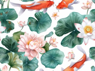 Seamless pattern with a perfect combination of lotus flowers and koi fish. in watercolor style