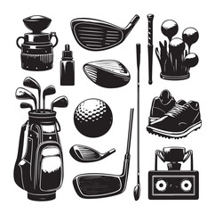 Golf equipment set collection  illustration silhouette style