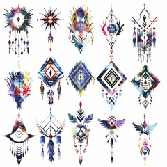 Watercolor painting of tribal tattoos, featuring geometric designs, on isolated white background, Generative AI