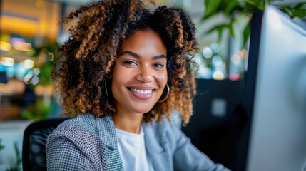 Happy call center agent focused on the computer screen, wearing professional work clothes, modern office setting