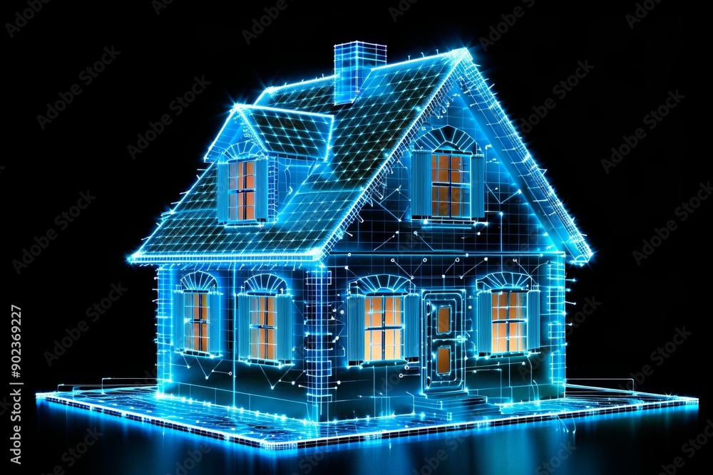 Poster digital house with neon lines representing the fusion of home and advanced technology in a high tech