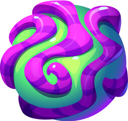 Cartoon fantasy galaxy alien space planet. Vector whimsical, vibrant orb with swirling green and purple wavy structures wrapping around its surface. Unusual, glossy, candy-like sphere at starry sky