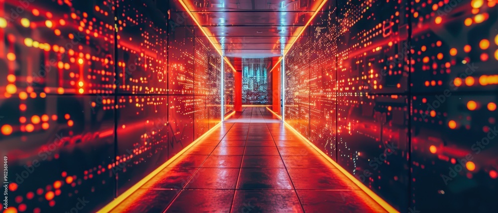 Aufkleber neon-lit technology tunnel with intricate circuitry patterns on the walls, symbolizing the flow of d