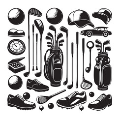Golf equipment set collection  illustration silhouette style