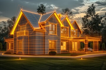 Obraz premium Modern house with neon lights symbolizing architectural innovation and contemporary living in a vibrant setting.