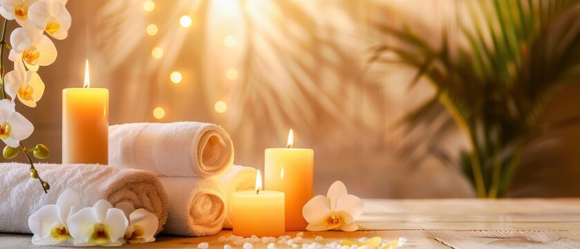 Serene spa background featuring elegant spa props like candles, soft towels, and aromatic oils, with ample copy space for text