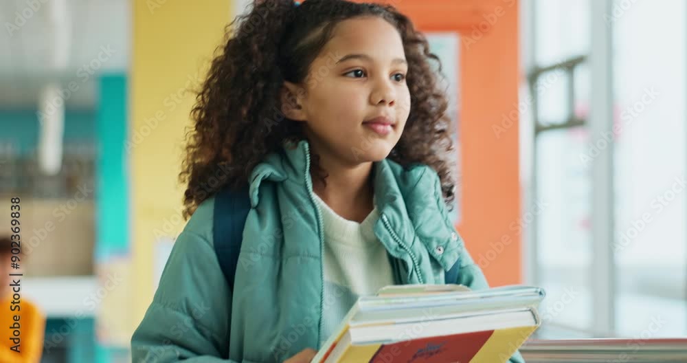 Poster Child, walking and girl with school hallway, books and educational institution with kid for growth. Knowledge development, student and stroll for class, elementary and future or classroom journey