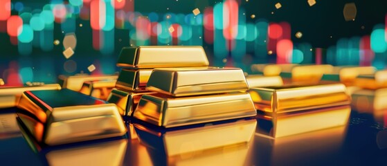 Stacked gold bars with a digital trading chart in the background, representing the relationship between physical gold and market trends