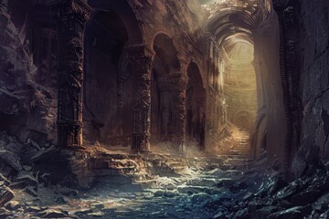 Ancient temple ruins with water reflecting the light from the entrance